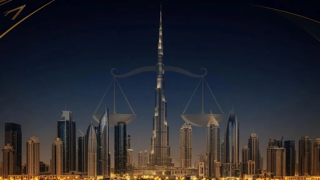 Dubai skyline with legal scales